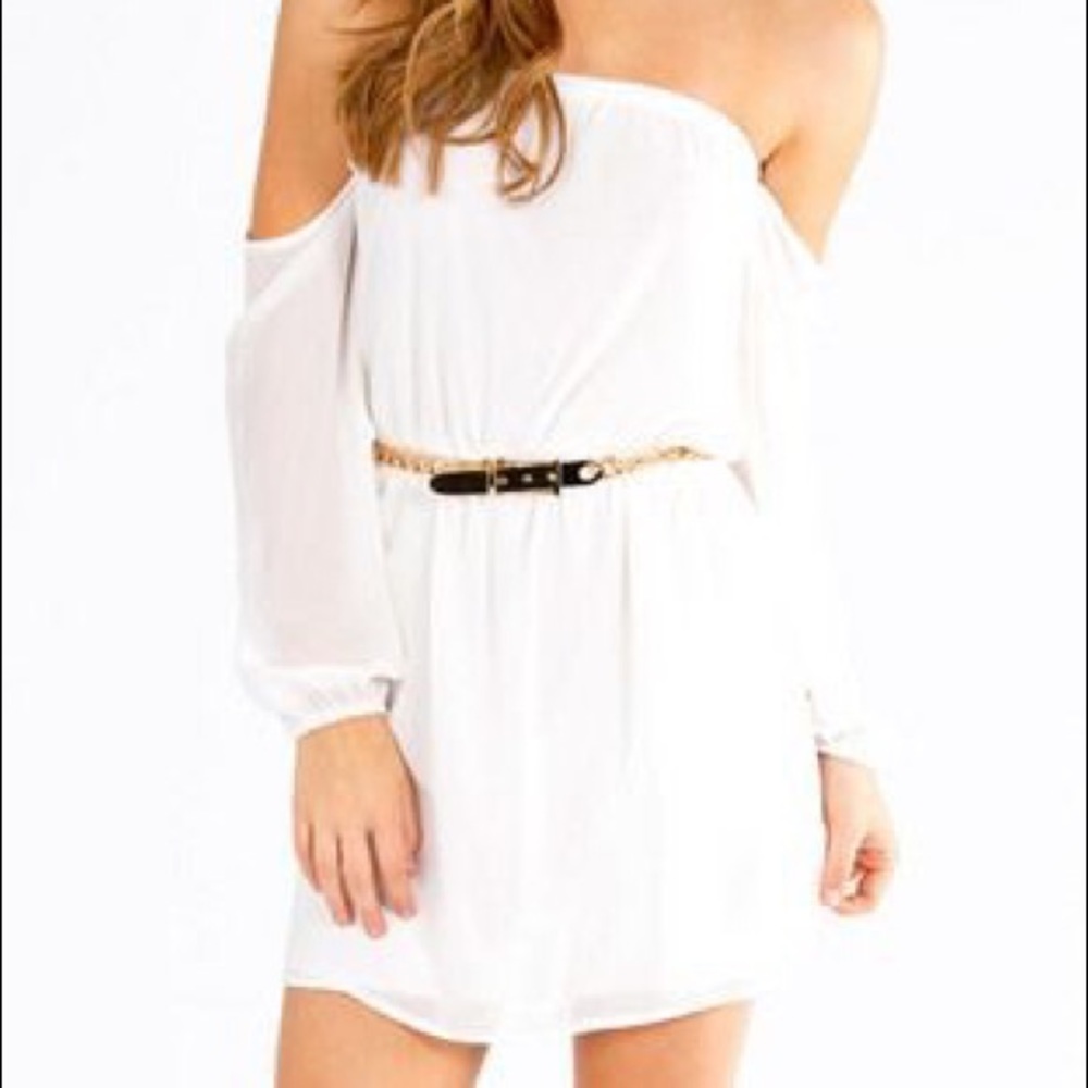 White, long sleeve off the shoulder dress